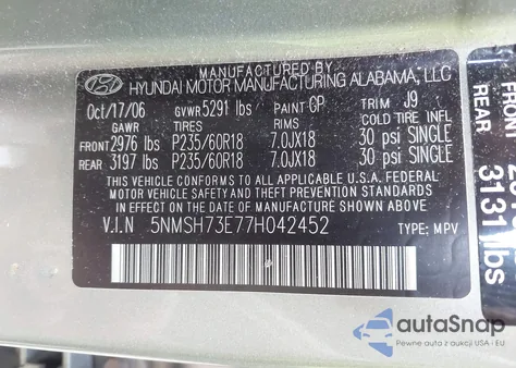 2007 Hyundai Santa Fe Limited/Se from USA, damaged, VIN 5NMSH73E77H042452